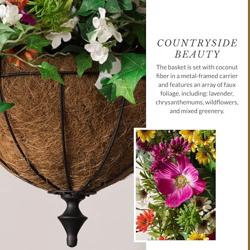 Balsam Hill Outdoor Meadow Spring & Summer Hanging Basket - 26" Premium UV-Protected Fake Outdoor Flowers for Porch, Patio, & Garden - color: Meadow