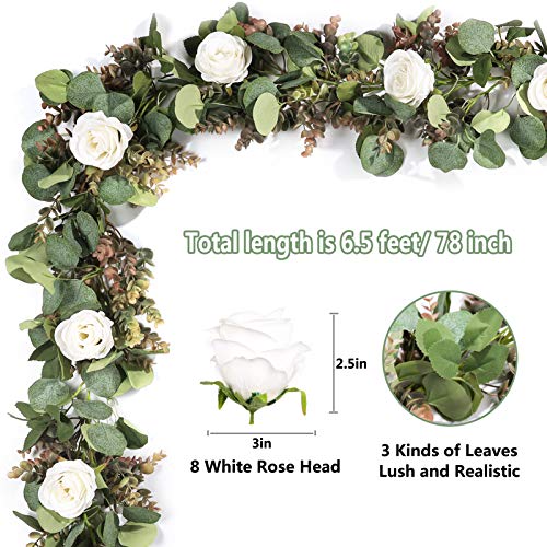 Der Rose 6.5FT Artificial Flower Garland, White Rose & Eucalyptus Floral Garland, Faux Flower Vine for Wedding Decor Table Runner Arch & Backdrop Decor (1 Pc) - color: White 1 Pcs
