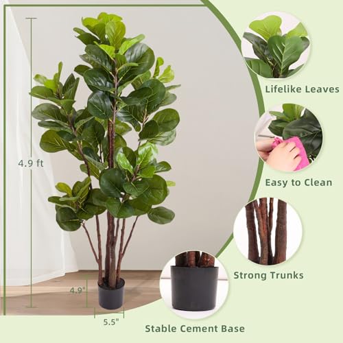 GlowSol Faux Fiddle Leaf Fig Tree, 5 Ft Artificial Ficus Lyrata Plant with 102 Fiddle Leaves, Fake Floor Plant in Pot for Indoor Outdoor Living Room House Office Bedroom Decor - size: 4ft 11in