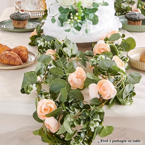 PONKING Flower Garland Artificial Rose Vine Flowers Hanging Fake Roses Vines for Wedding Birthday Party Valentines Christmas Room Wall Arch Decor, 2 Off White Floral Garland Decorations - color: 2" Flower Champagne Vines 5.4ft