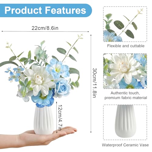 Small 11.8" Artificial Flowers in Ceramic Vase - Blue Silk Flower Centerpiece for Dining Table, Office, Wedding & Farmhouse, Home Decor Gifts - color: Blue