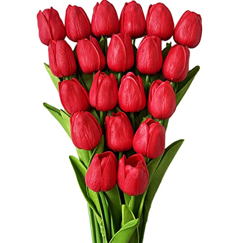 UKELER 24 Pcs Artificial Tulip Flowers Red Real Touch PU Tulips for Easter Spring Wreath Wedding Bouquets Table Centerpiece Floral Arrangement Memorial Day Cemetery Décor 13.5" - color: Red