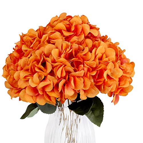 Jim's Cabin Artificial Flowers Silk Hydrangea Arrangements 2 Bouquet with 5 Big Heads Fake Flower Bunch for Women Bedroom Wedding Cabin Decor DIY（Orange） - color: Orange Red