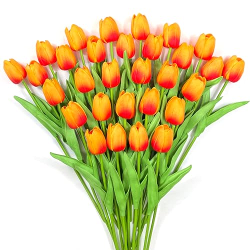 30 PCS Artificial Tulips Real Touch Tulips 13.5inch Long Stem Fake Flowers Silk Flowers for Spring Easter Mother's Day Decorations (Sunset) - color: Sunset