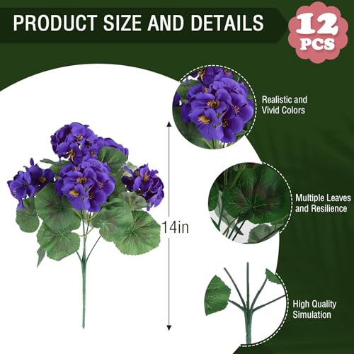Hananona Artificial Geranium Flowers for Outdoors Geranium Silk Flowers Outdoor UV Resistant Garden Plants Faux Flowers for Home Kitchen Table Centerpieces Decor (12, Purple) - color: Purple