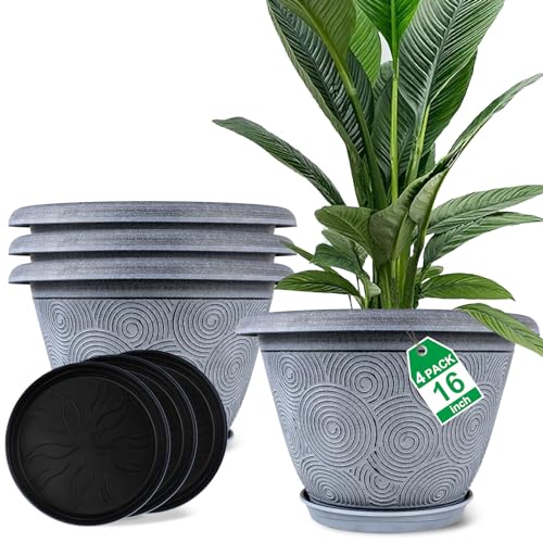 16 Inch Large Planter Pot for Plants Indoor Outdoor, 4 Pack Plastic Flower Pots with Drainage Hole & Tray, Modern Decorative Garden Pot with Saucer, Plant Container for House - color: Blue, size: 16 inch-4 pack