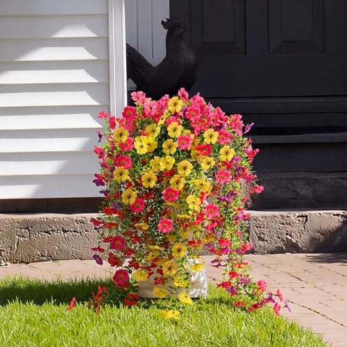 AGIRL 6 Bundles Artificial Hanging Flowers for Outdoor Spring Summer Decor,UV Resistant Faux Silk Flowers,Fake Plants with Realistic Look for Outside Indoor Planter Garden,Patio,Balcony,Porch and Yard - color: Red+yellow+fuchsia+purple