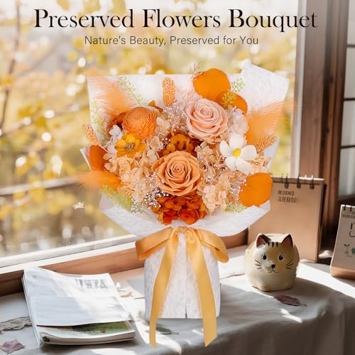 Preserved Flowers Bouquet - Forever Flowers for Delivery, Eternal Roses Bouquet That Last 3 Years, Mothers Day Gifts for Mom Grandma Wife, Anniversary Birthday Gifts for Women, Light Orange - color: Light Orange