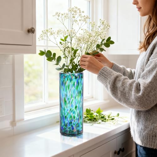 9.45" Tall Teal Vase Hand Blown Glass Vase Green, Modern Teal Home Centerpieces Wide Mouth Vases for Bud&Flower Decor - Ideal Living Room, Kitchen, Wedding, Dining Table, Office Center Table