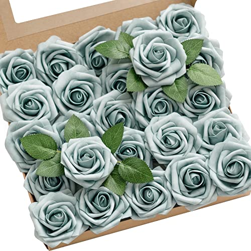 Ling's moment Artificial Roses, Dusty Blue, 3 Inch 25 Pcs | Foam Material, With Stems, DIY Floral, Wedding Bouquet/Centerpieces, Party/Room/Garden Decor - color: Blu- Dusty Blue, size: 25Pcs