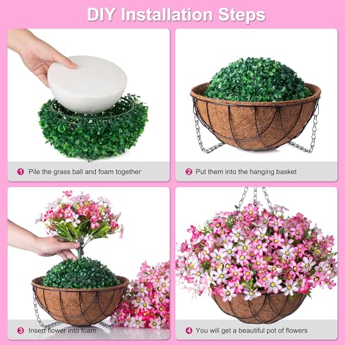 INXUGAO Artificial Silk Flowers Hanging Baskets Outdoors Indoors,Chrysanthemum with Eucalyptus Leaves Arrangement for Garden Yard Spring Summer Decor,Faux Plant in Metal Coconut Lining Flowerpot(Pink) - color: B-pink