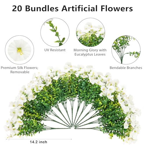Bassion Artificial Flowers for Outdoors, 20 Bundles Silk Fake Flowers UV Resistant Realistic Morning Glory Faux Eucalyptus Plants for Outside Planters Porch Window Box Garden Indoor Decor - color: White