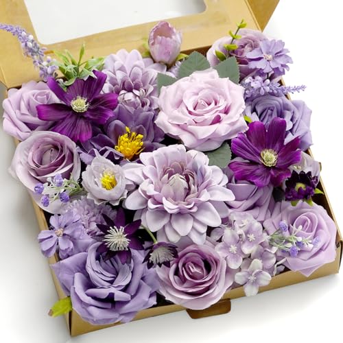 Artificial Flower Purple Combo Box Set Fake Rose Dahlia for DIY Wedding Center Bouquet Bride Baby Shower Party Tables Decoration Floral Arrangements. - color: Lavender & Dark Purple