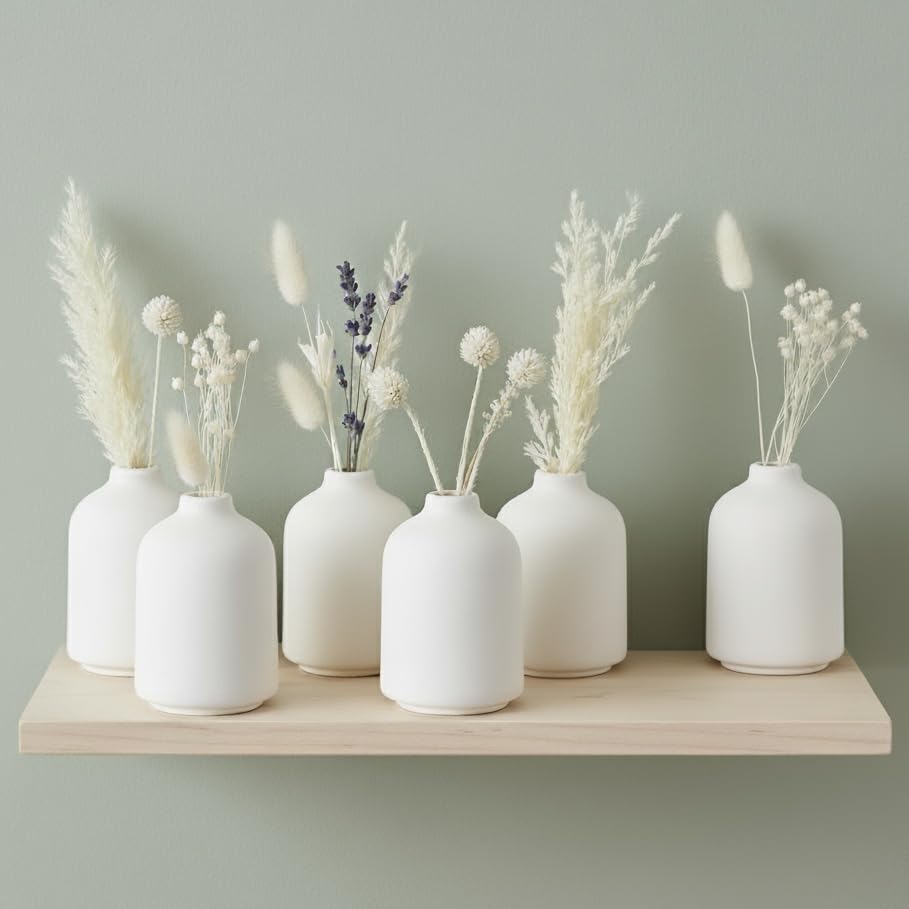 Carrot's Den - Set of 6 White Mini Ceramic Vases for Home Decor | Boho Bud Vases in Bulk for Dry Flowers + House Plants | Wedding, Home, Centerpiece, Modern, Japandi, Farmhouse, Minimalist