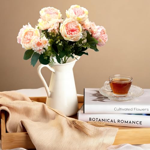 Peonies Artificial Flowers, Fake Peony Bouquet, Realistic Faux Peony Silk Flowers for Wedding, Home Décor, and Table Centerpieces – Ideal for Arrangements and Special Occasions 2 Bouquets (Pink&White) - color: Pink&white