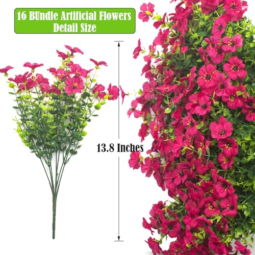 Grunyia Artificial Fake Flowers for Outdoor Spring Decoration, 16 Bundles Faux Silk Colorful Daisy UV Resistant Realistic for Outside Porch Patio Home Yard Garden Planters Pots Window Box (Rose Red) - color: Rose Red