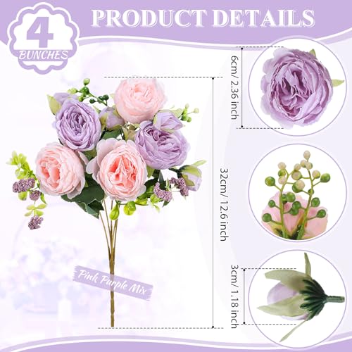 Crowye 4 Bundles Peonies Artificial Flowers Silk Faux Peonies Wedding Artificial Flower Bouquet for Table Centerpiece for Home Wedding Decor Bridal Floral Arrangement(Pink Purple) - color: Pink Purple