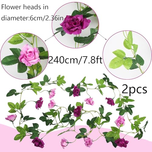 2 Pcs Artificial Rose Garland Spring Flowers Vines Hanging Outdoors Silk Rose Vine 15.8ft Silk Flowers Rose Ivy Vines Flower Garland for Backdrop Bedroom Wedding Arch Decor Wall Party Home Pink - color: Fuchsia