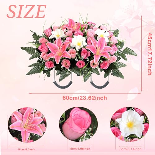 Cemetery Flower Saddle - Grave Flowers for Cemetery,Artificial Rose, Lily & Orchid Arrangement for Headstone - All-Weather Grave Decor for Outdoor Tombstone Headstone Decorations (Pink) - color: Pink