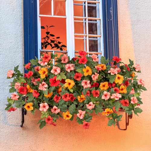 Artificial Fake Flowers for Outdoor Spring Decoration, 2PCS Faux Silk Petunias No Fade UV Resistant Flowers for Outside Garden Porch Yard Balcony Patio Realistic Indoor Decor(Orange) - color: E-orange Yellow