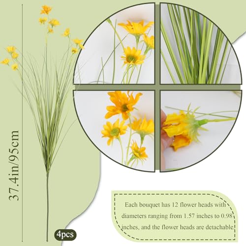 4 Pcs Artificial Plants Onion Grass Outdoor 37" Fake Tall Grass with Daisy Wildflowers Yellow Artificial Wheat Grass Faux Shrubs Bush Greenery Stems for Indoor Garden Outside Office Home Decor - color: 4 Pcs-yellow Flowers