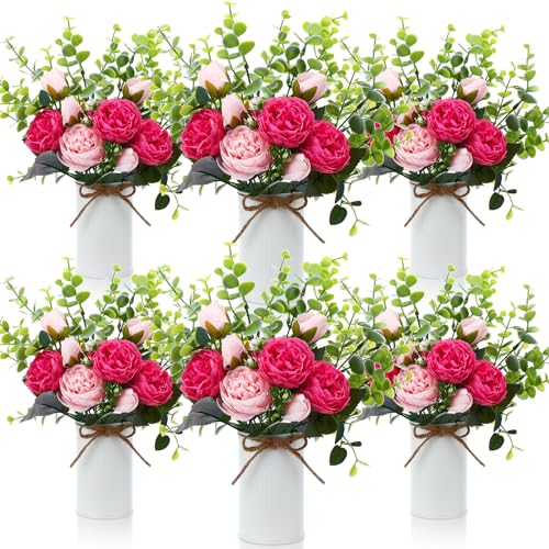 6 Sets Artificial Peonies Flowers, 6 Artificial Peony with Vase 6 Faux Eucalyptus, Faux Silk Peony Bouquet Spring Flowers for Decoration Wedding Party Home Dining (Pink) - color: Pink