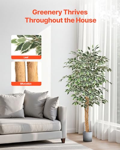 VEVOR 5FT Artificial Ficus Tree with Black Pot, Tall Faux Ficus Plant with Natural Wood Trunk and Realistic Green Leaves, Indoor Fake Silk Tree for Home, Office, Living Room, or Corner Décor - color: Artificial Ficus Tree, size: 5ft