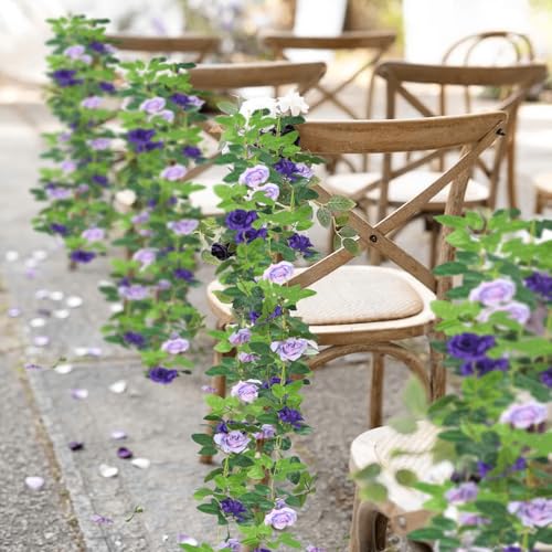 2 Pcs Artificial Rose Garland Flowers Vines Hanging Silk Rose Vine Outdoor 15.8ft Silk Flowers Rose Ivy Vines for Bedroom Wedding Arch Decor Purple Flower Garland for Backdrop Wall Home Garden - color: Purple