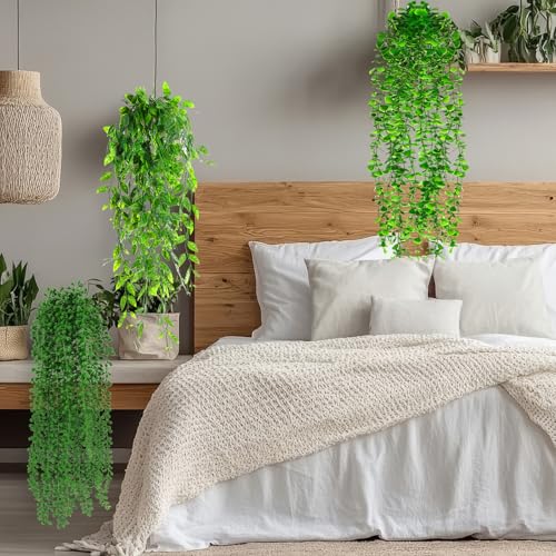 Daifunli 16 Pcs Artificial Hanging Plants Fake Hanging Ferns Plastic Fake Plants for Wall Room Garden Garland Indoor Outdoor Decor No Basket (Eucalyptus,Mandala,String of Pearls,Pea) - style: Eucalyptus, Mandala, String of Pearls, Pea