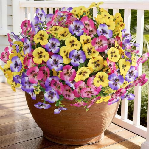 Artificial Pansies Flowers for Outdoor Faux Flower Spring Summer Decor, 12 Bundles Realistic Fake Silk Flowers Outside UV Resistant for Porch Patio Garden Home Window Box Planter Rose Purple Yellow - color: Rose Purple Yellow