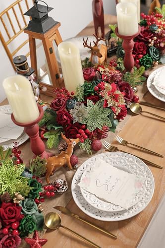 YYHUAWU Christmas Flowers Artificial,Poinsettias Artificial Christmas Flowers and Mix Silk Flowers Fake Roses Combo for DIY Wedding Bridal Bouquet, Centerpieces, Home, Floral Arrangement Decor, etc. - color: Chrismas Red