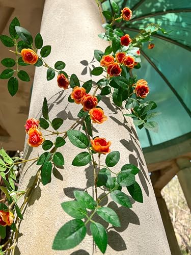 6FT Bendable Yellow Orange Rose Flower Garland, Artificial Silk Wild Roses Vine Leaves Hanging Flowers for Wall Fireplace Fence Trellis Wedding Home Spring Summer Decor(1PC) - color: Yellow-orange, size: 1