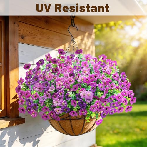 2 Pack Artificial Hanging Flower Baskets for Outdoors, UV Resistant Faux Hanging Plants, 24 Pcs Fake Silk Flowers for Patio Garden Front Porch Balcony Decor, Purple Lotus - color: Purple Lotus