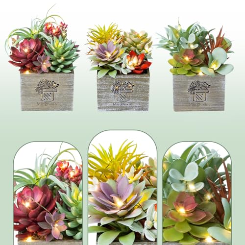 Succulents Plants Artificial with Light, Small Fake Plants in Pots for Home Decor, Potted Decorative Succulents Plants for Table Desk Bathroom Office Room Decor - color: Radiant