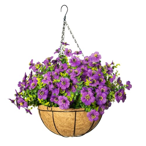 Artificial Hanging Flowers for Outdoors with Basket,UV Resistant Realistic Faux Hanging Plants Outdoor Artificial Flowers for Outdoors Basket for Yard Porch Patio Garden Home Decor,12 Bundles(Fuchsia) - color: Fuchsia