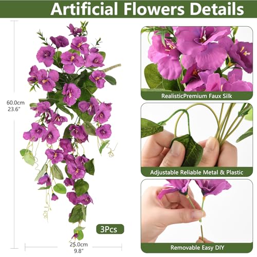 INQCMY Artificial Hanging Flowers for Outdoors, 2PCS Faux Azalea UV Resistant No Fade Spring Home Decor, Realistic Fake Flowers Spring Decoration for Porch Patio Garden Yard (Purple) - color: Purple