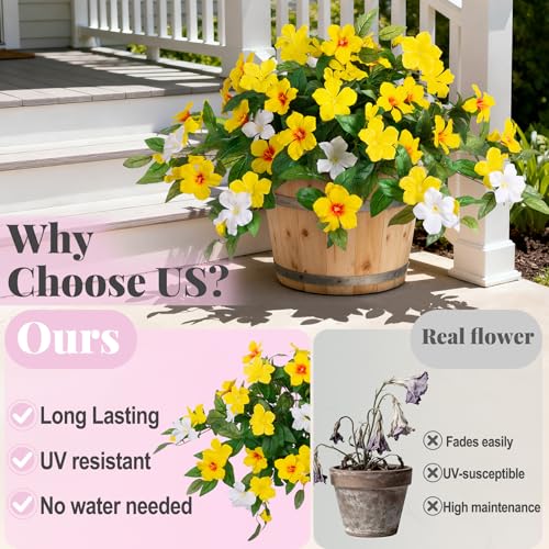 INXUGAO Artificial Hanging Faux Flowers for Outdoors Planters 2PCS Fake Flowers Silk Hibiscus Flowers for Outside Outdoor Faux Hanging Plants UV Resistant Spring Home Front Porch Decoration - color: Mt Azalea H-mix Yellow White