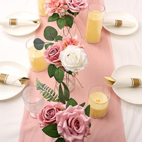 Artificial Flowers Combo Set, Fake Silk Flowers Decor with Stems for DIY Roses Wedding Party Centerpieces Bridal Bouquets Cake Decorations Arrangements Indoor Outdoor(Dusty Pink) - color: Dusty Pink