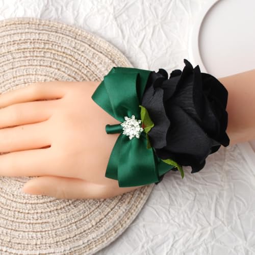 Black Rose Wrist Corsage and Boutonniere Set Rose Corsage Wristlet for Wedding Prom Party Homecoming Decoration Set of 2 (Green and Black) - color: Green and Black