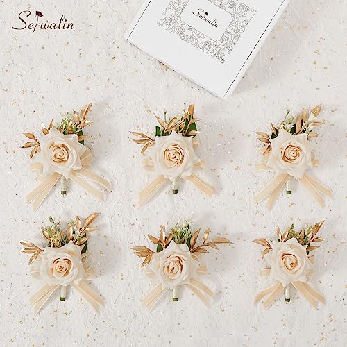 Serwalin 6 Pcs Champagne Boutonniere for Men Wedding, Groom and Best Man Boutonniere with Silk Rose Ceremony Anniversary Formal Dinner Party Artificial Flowers Prom Suit Decorations - color: Champagne, size: Boutonniere 6pcs