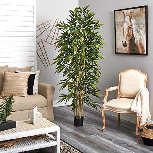 Nearly Natural 6ft Artificial Bamboo Tree for Indoor Home Décor, Fake Bamboo Floor Plant with Natural Trunks and Over 1,000 Realistic Leaves in Black Nursery Planter