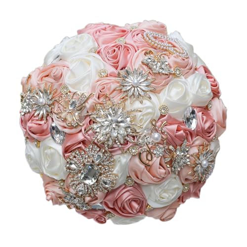 Blush Pink and Ivory Bridal Wedding Bouquet with Gold Brooch Bling Rhinestone Bouquet for Bride Bridesmaid Quinceanera Satin Dusty Rose Flower Bouquet Wedding Blush Pink and Ivory 8.7in - color: Blush, Pink & Ivory (Standard Size: Dia.8.7")
