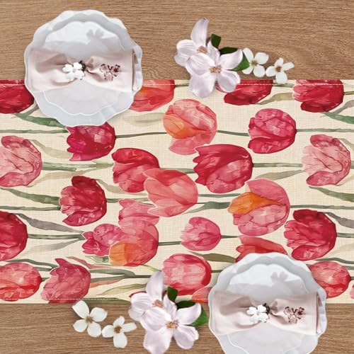 Watercolor Tulip Flower Dining Table Runner, Spring Summer Red Pink Floral Burlap Kitchen Decoration, Seasonal Indoor Outdoor Home Decor Party Supply 13 x 72 Inches - color: Tulip, size: Table Runner 13''X72''