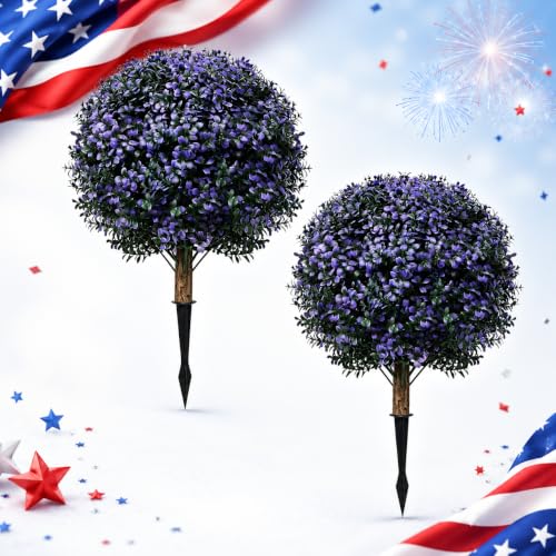 THKFUL Artificial Boxwood Topiary Ball Tree Outdoor Set of 2,Faux Bushes Plants with Spike,Artificial Boxwood Ball Fake Shrubs with Stake UV Resistant for 4th of July Outdoor Planter Garden D17 - style: Purple Boxwood