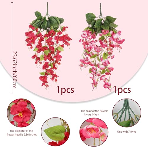 2 Pcs Fake Hibiscus Flowers Artificial Hanging Flowers Plants Outdoors Realistic UV Resistant Spring Summer Decor Red Pink Silk Faux Hibiscus Flower Trailing Vines for Front Door Porch Outside - color: Pink and Red