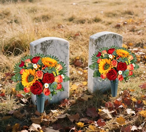MUVIC Artificial Cemetery Flowers for Outdoor Grave Decorations，Memorial Flower- Realistic Sunflower Rose - Sympathy Bouquet