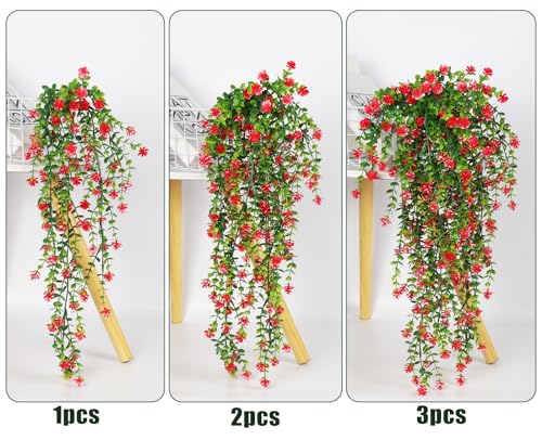 RECUTMS Artificial Hanging Plants Fake Hanging Vine Flowers Fake Plants Faux Hanging Plants Outdoor Faux Eucalyptus Leaf Greenery Wall Indoor Room Wall Wedding Patio Porch Decor(Red) - color: Red, size: Hanging Plants