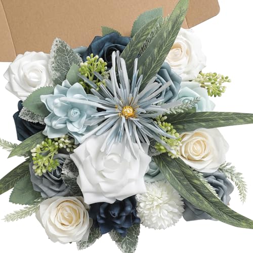 Blue White Artificial Flowers Silk Fake Roses Peonies Greenery Combo Box Set for DIY Wedding Bouquets Bridal Shower Centerpieces Floral Arrangements Party Tables Home Decoration - color: Gradient Blue White