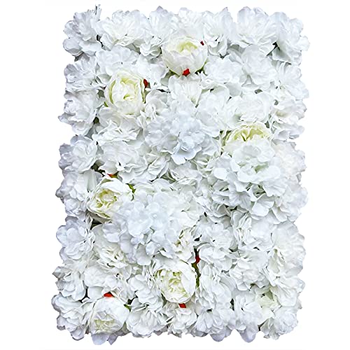 OUKANING 6 PCS Artificial Flower Wall Panels 3D Flower Wall Panel for Wall Backdrop 16" x 24" Faux Flower Wall Mat Silk Hydrangea Rose Floral Panel - color: White+Light Yellow