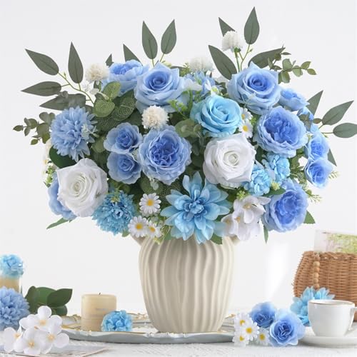 10 Pcs Mixed Artificial Flowers Set, Artificial Peony Bouquet Fake Rose Flower Silk Floral Arrangements for Table Centerpiece Home Wedding Party Bridal Vase Decoration(Blue, 6 Bouquets & 4 Stems) - color: Blue & White, size: Mixed 10pcs